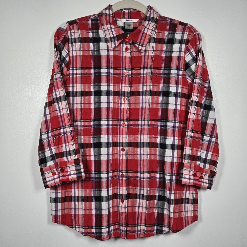 Alia Red Plaid 3/4 Sleeve Lightweight Casual Button Down Top Womens Size 8